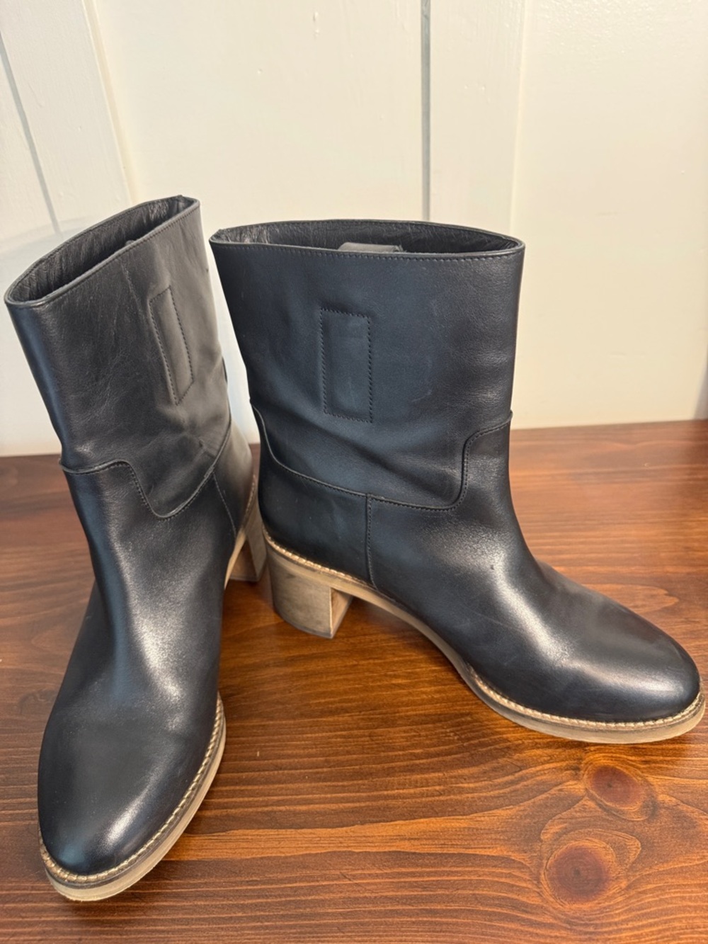 Free People Black Leather Mid Calf Boots Block Heel EU 40 Minimal Chic